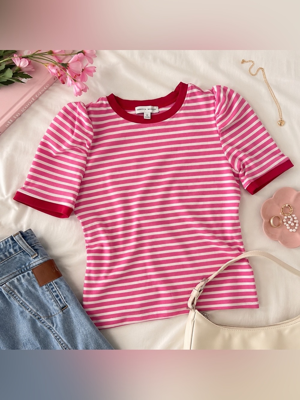 Rebecca Minkoff Pink White Striped Puff Sleeve Ribbed Knit Top Size Large